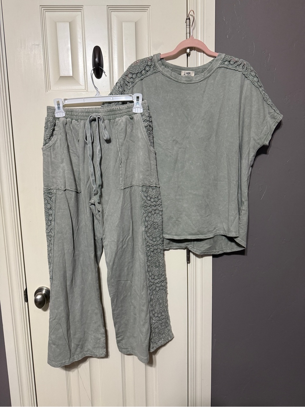 Relaxed Crochet-Trim Lounge Set - Sage Green Pants & Top